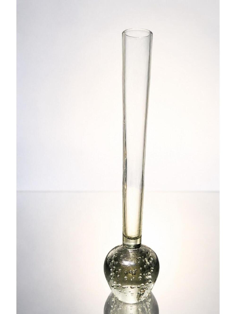 Vintage 1950s Hand Blown Controlled Bubble Art Glass Smoky Green Bud Vase, 8”